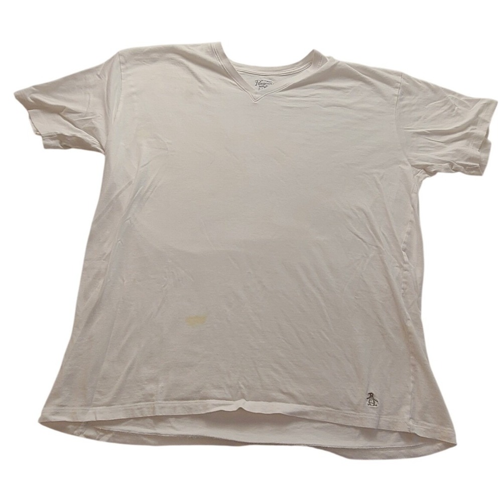 Original Penguin Men's White V-Neck Short Sleeve Cotton T-Shirt XL Logo Casual